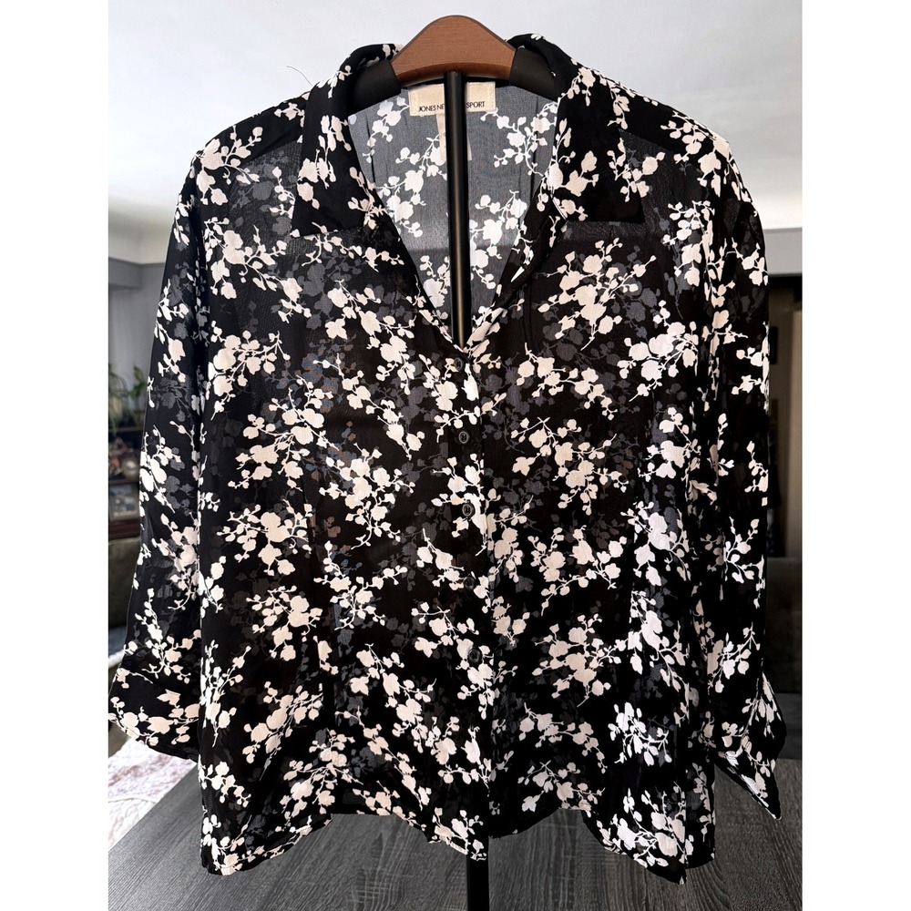 Jones New York Sport Size 16 Black White Floral Sheer Button Blouse